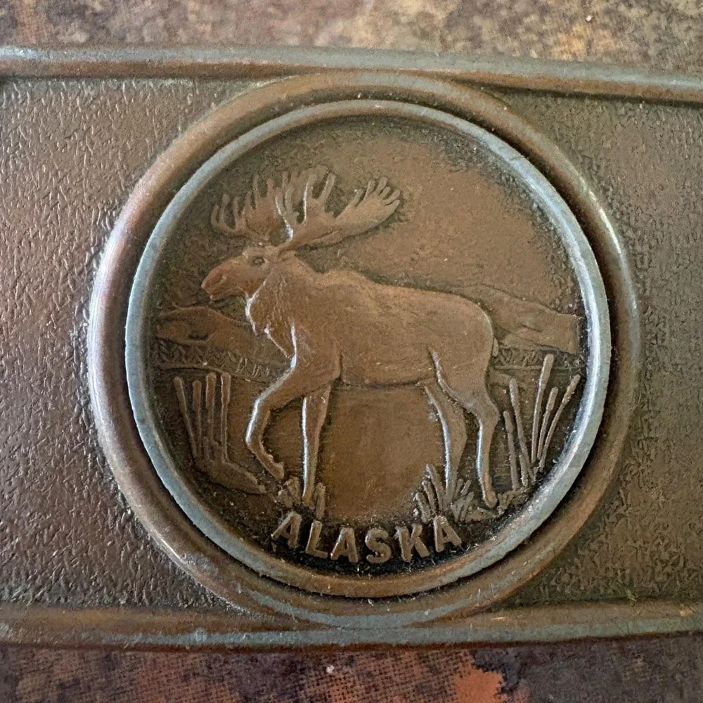 Vintage Century Canada Alaska Moose‎ Belt Buckle Brass Tone Wildlife Souvenir